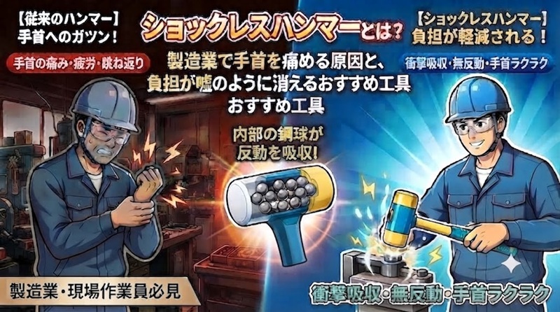 製造業向けショックレスハンマーの構造。内部の鋼球が反動を吸収する仕組みをイラストで解説している様子。