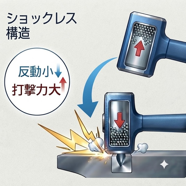 内部に鋼球が入ったショックレスハンマーの構造図。反動が少なく打撃力が大きい仕組みを解説しています。