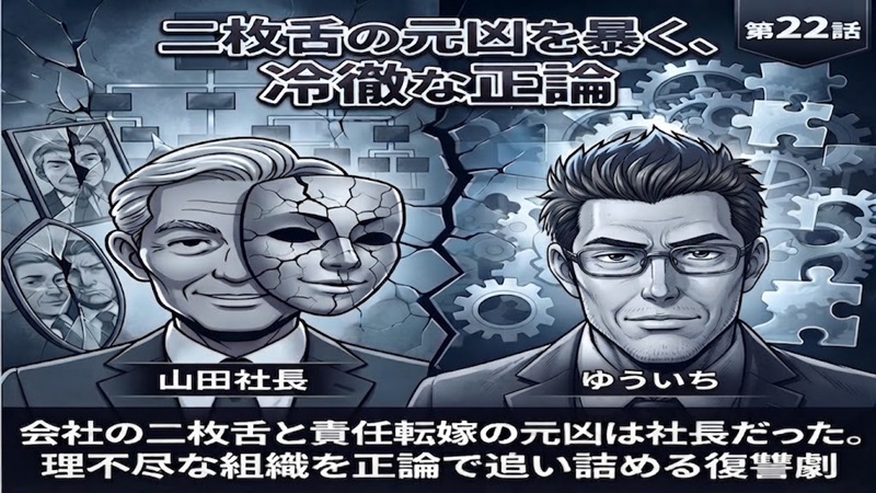 第22話：二枚舌の元凶である山田社長と、冷徹な正論で組織の矛盾を暴く主人公ゆういちの対立アイキャッチ画像
